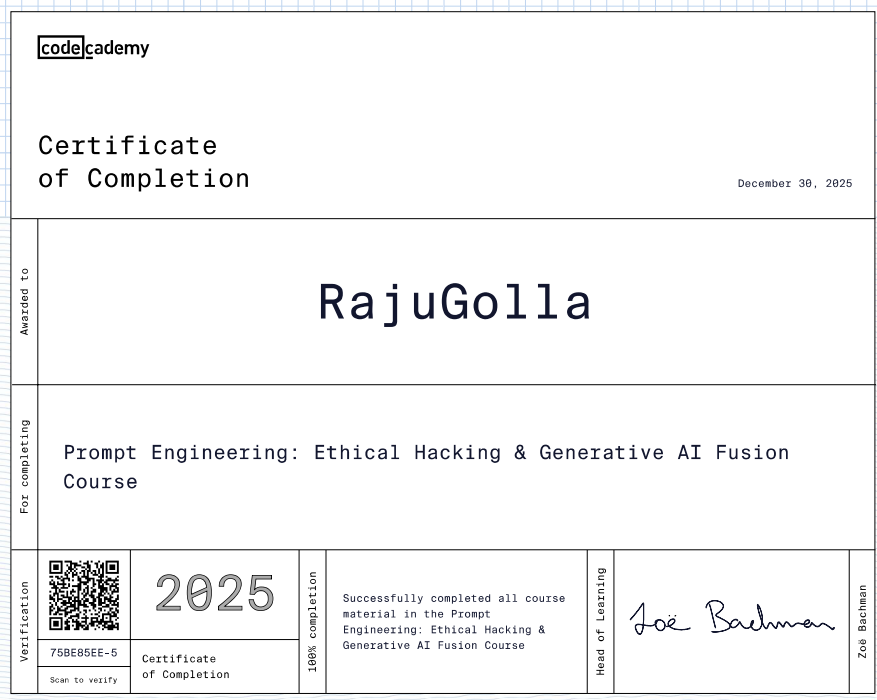 sukumarraju's tweet photo. I’m happy to share that I’ve obtained a new certification: Prompt Engineering: Ethical Hacking &amp; Generative AI Fusion Course from Codecademy!

#PromptEngineering #GenerativeAI #EthicalHacking #AISecurity #PromptOptimization #CloudSecurity

Thanks to @Codecademy https://t.co/HMsS3LO286