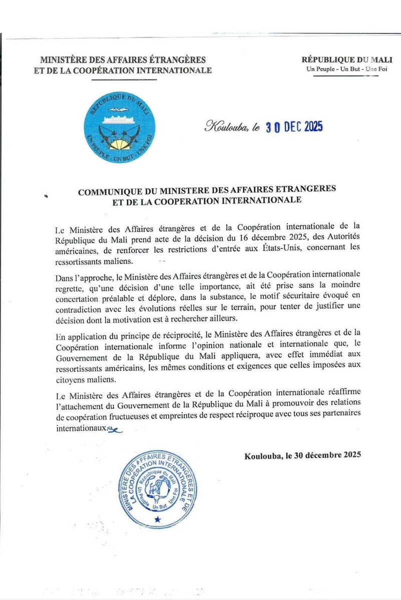 #Mali - Deux semaines après la décision de <a href="/DonaldTrump/">Donald J. Trump</a>, le <a href="/MaliMaeci/">Ministère des Affaires étrangères du Mali</a> annonce la réciprocité dans la restriction sur les visas imposée par les #USA aux citoyens maliens.