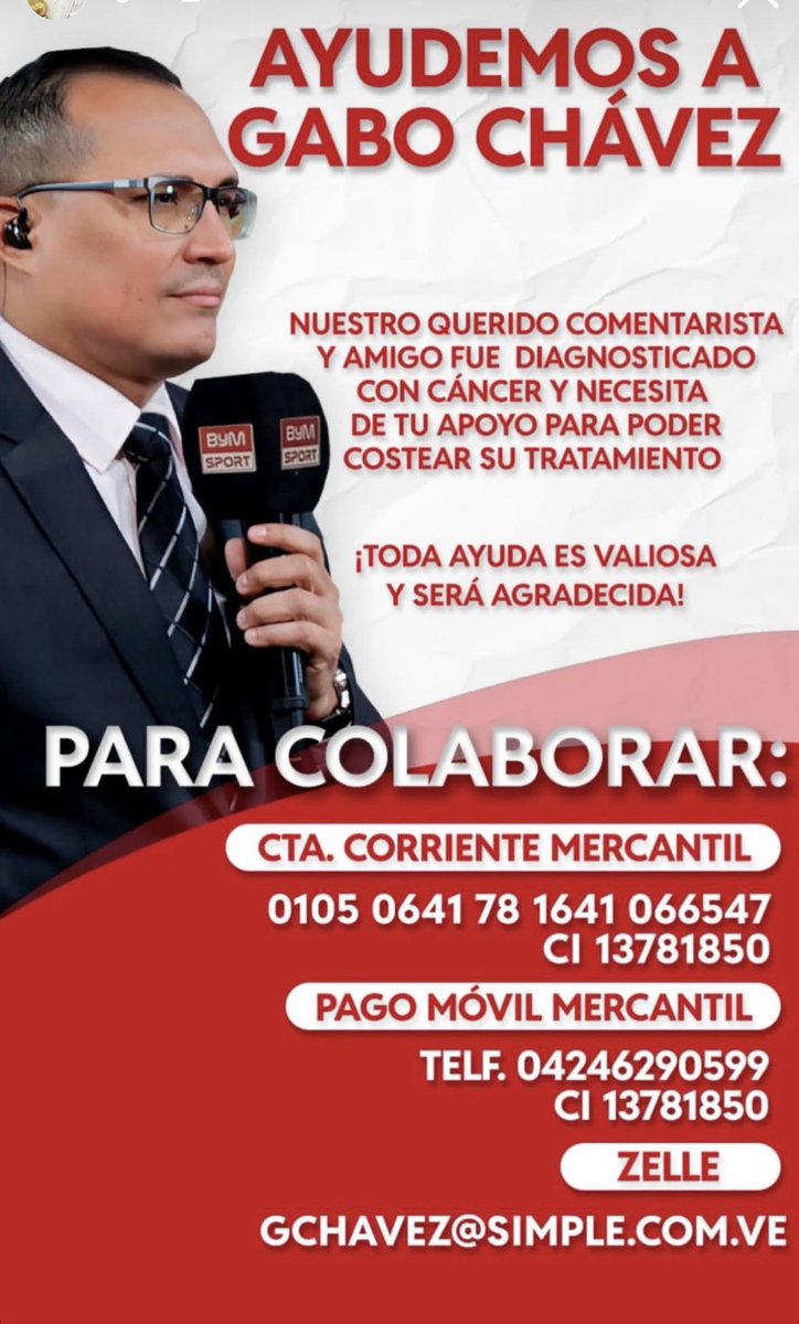Por favor, de corazón, sigamos ayudando a nuestro pana y colega <a href="/GaboChavez/">Gabo Chávez</a> que está pasando por problemas de salud y nos necesita para ganar este partido que la vida le puso. Dios te bendiga, Gabo.