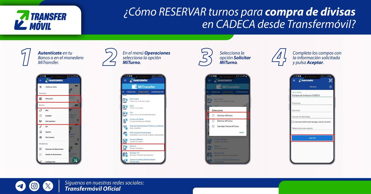 ¿Tienes dudas sobre cómo solicitar turnos para la compra de divisas en CADECA? 💵📲

Echa un vistazo a la imagen, que te lo explicamos detalladamente. 📎

📌 Recuerda que puedes estar en cola solo para una sucursal y puedes solicitar hasta 4️⃣ turnos con diferentes números de CI.