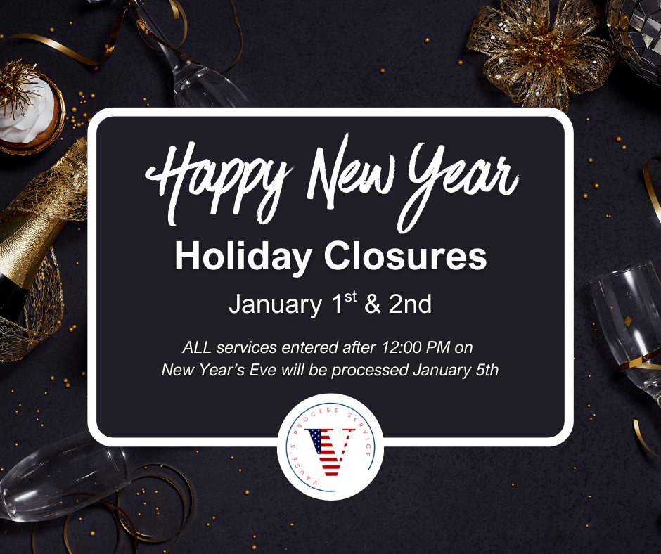 vausesprocess's tweet photo. 🎆 Holiday Closure Update
Vause’s Process Service will be closed Jan 1–2 as we welcome the New Year.
Requests submitted after 12 PM on Dec 31 will be processed Mon, Jan 5.
Wishing you a safe &amp; happy New Year! https://t.co/Go3xuZBvOy