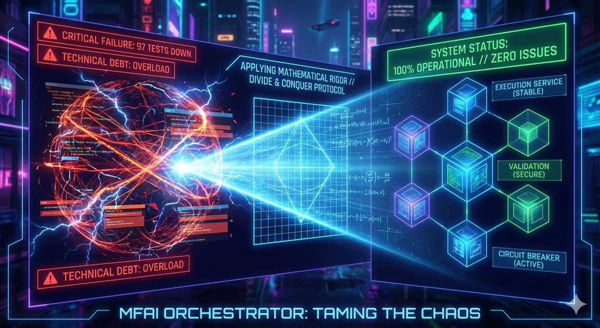 Our AI "Brain" was on the verge of collapse. 🧠💥

A 1,800-line monolith file. 97 failing tests. Total chaos hidden behind a "Build: Success" badge.

Most teams would have hit restart. We chose the hard path: Mathematical Rigor.

Here is the blueprint of how we tamed the beast