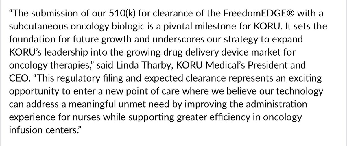 This is extremely positive news for $KRMD..

“KORU Medical Systems Announces 510(k) Submission for Clearance of the FreedomEDGE® System with a Commercialized Oncology Biologic”

app.microcapresearch.com/news-feed/7531…