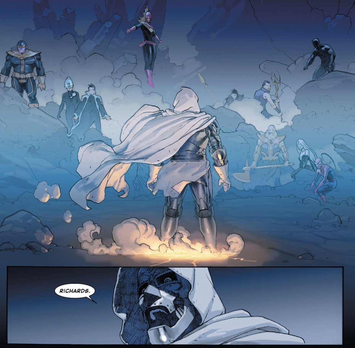 foeyeahboi's tweet image. it's too funny how obviously and singularly focused doom is. landing in front of all the heroes of the old world as literally god of all reality and his first words are, of course: