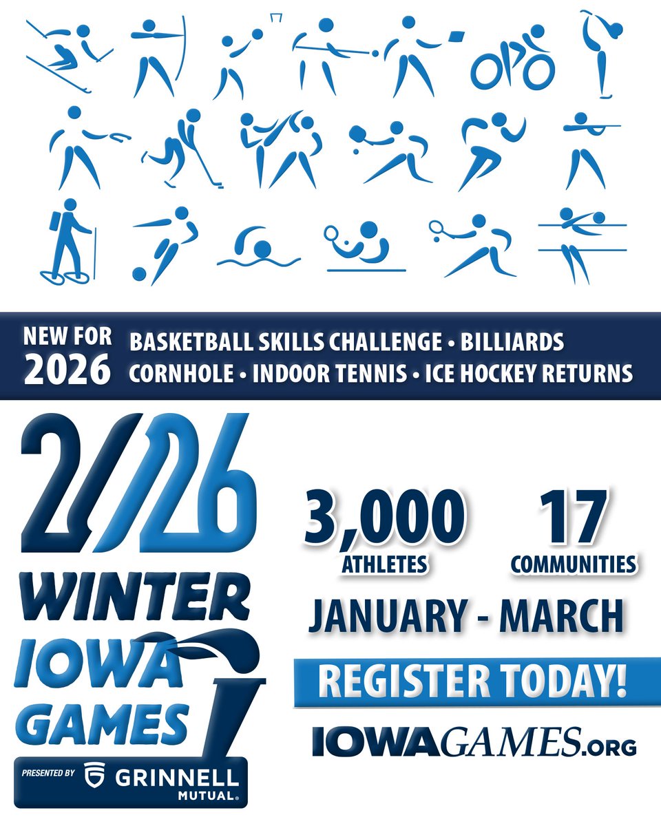 IowaGames's tweet image. Are you ready to GO FOR THE GOLD 🥇 at the 2026 Winter Iowa Games presented by Grinnell Mutual? Register now at iowagames.org!

#IowaGames #WinterIowaGames #sports #youthsports