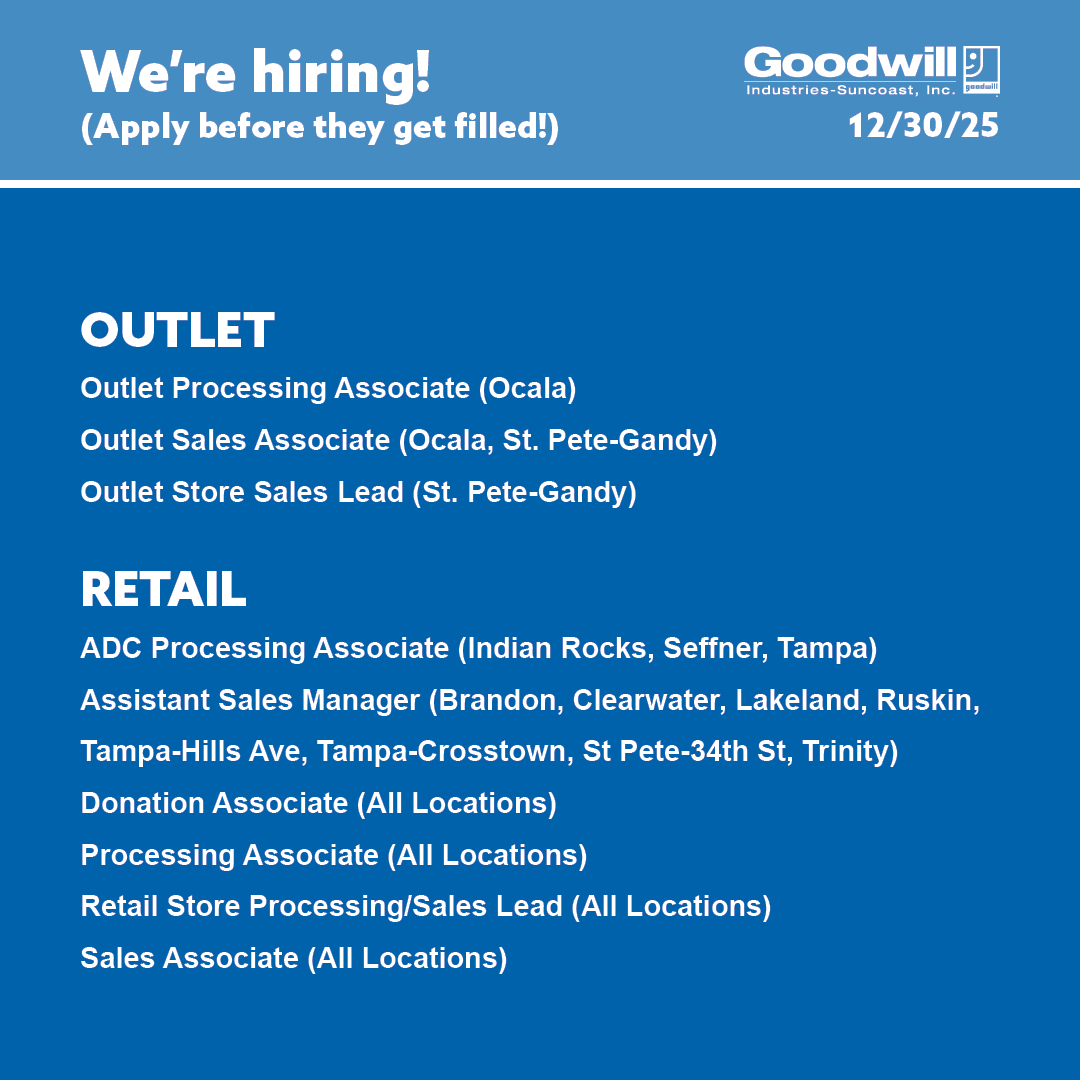 Make an impact. Get great benefits. Grow your career. Find your rewarding new role at Goodwill-Suncoast today! Click the link and apply in minutes. ow.ly/bzjF50XQsZR