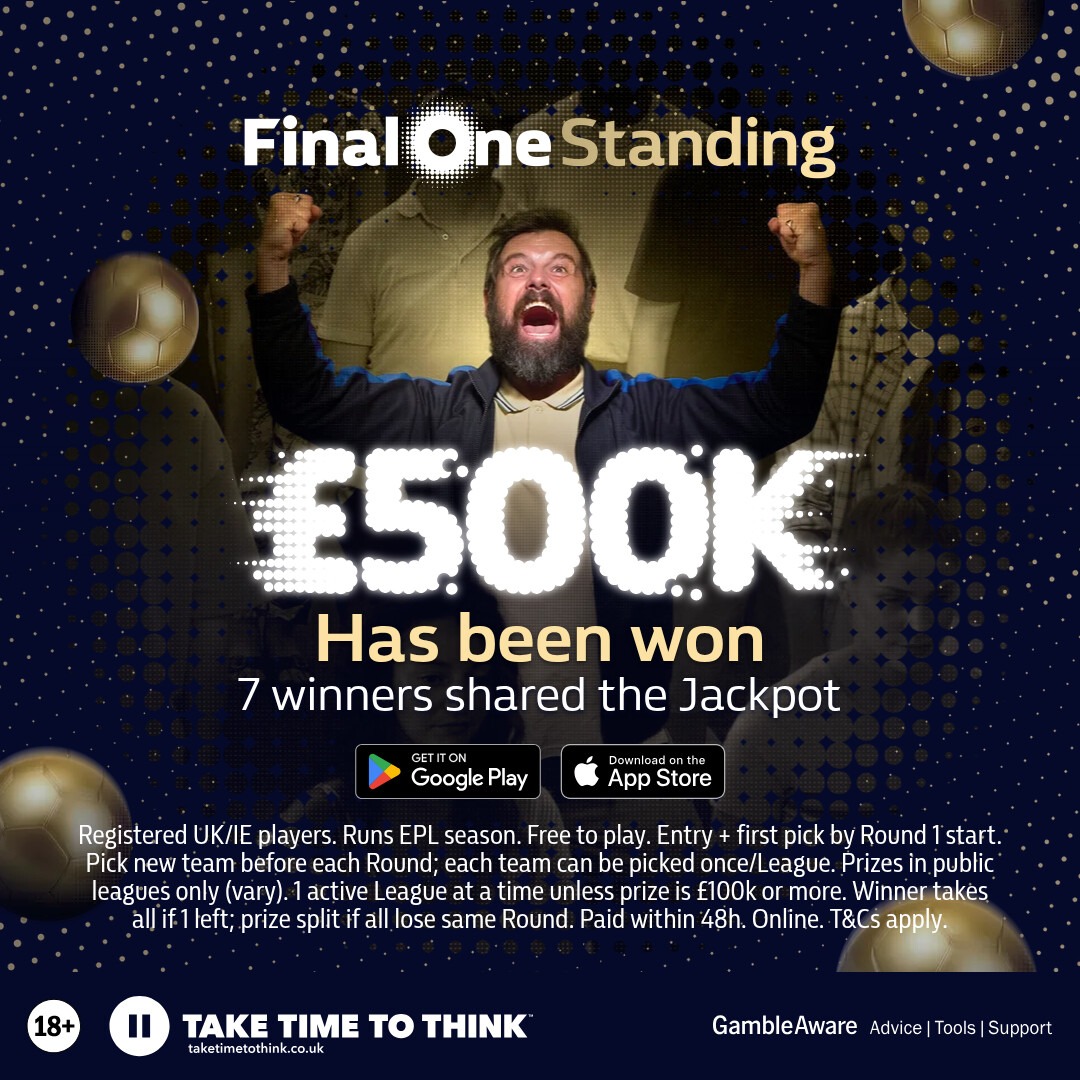 The £500k Jackpot has been won!

All seven remaining players picked Burnley, meaning they all take home £71,428.57. 🤑

18+ GambleAware