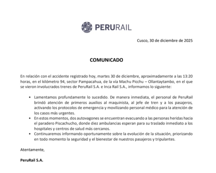 #AccidenteEnMachupicchu.
Esto dicen Fetransa, operadora del sistema ferroviario sur oriente, y las operadoras de trenes Perurail e Incarail.