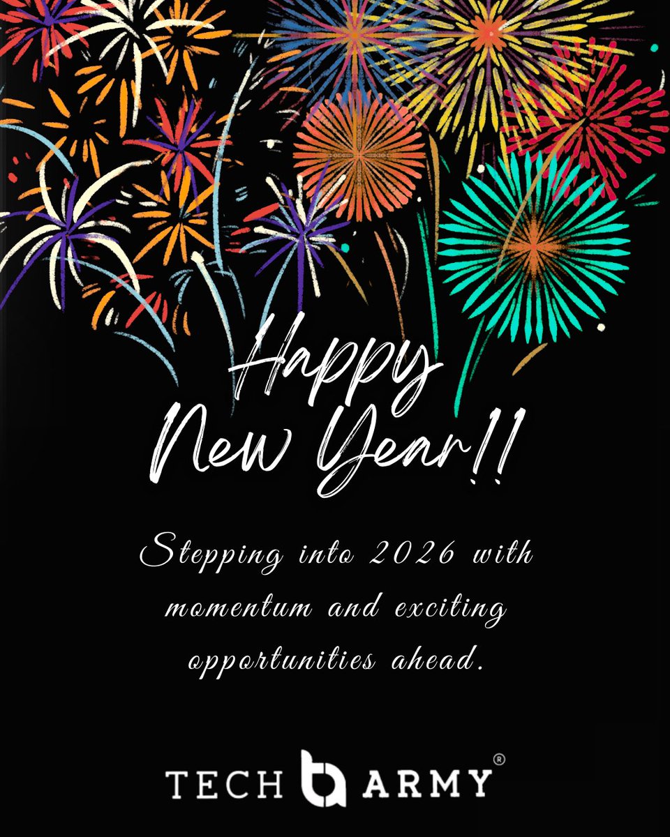 TechArmyLLC's tweet photo. Cheers to 2026! 🎉

Looking ahead to new goals, fresh momentum, and continued growth.📈

Wishing you and your loved ones a safe and happy New Year from Tech Army. ✨🎆

#HappyNewYear #NewYears2026 #NYE #NewYear2026 #NewYearsResolution #IT #Florida #TechArmy #Plantation https://t.co/opSwIDNffl