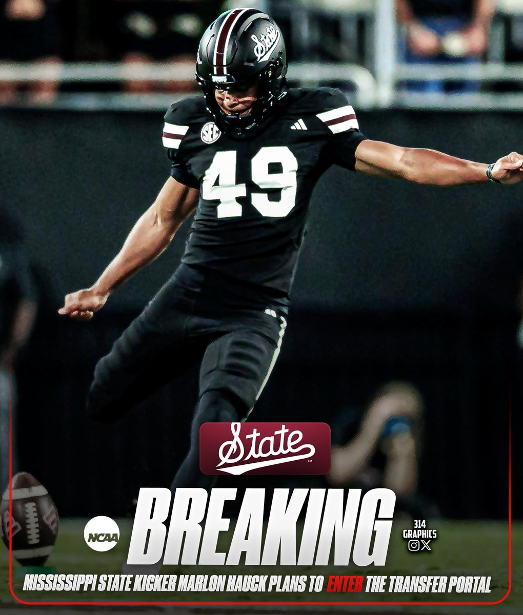 314Graphics's tweet image. BREAKING: Mississippi State K Marlon Hauck plans to enter the NCAA Transfer Portal, he tells me.
•
The 6’3”, 195-lb redshirt junior has appeared in 18 career games for the Bulldogs and posted a 70% touchback rate this season while going 2/2 on PATs. He will have 1 year of…