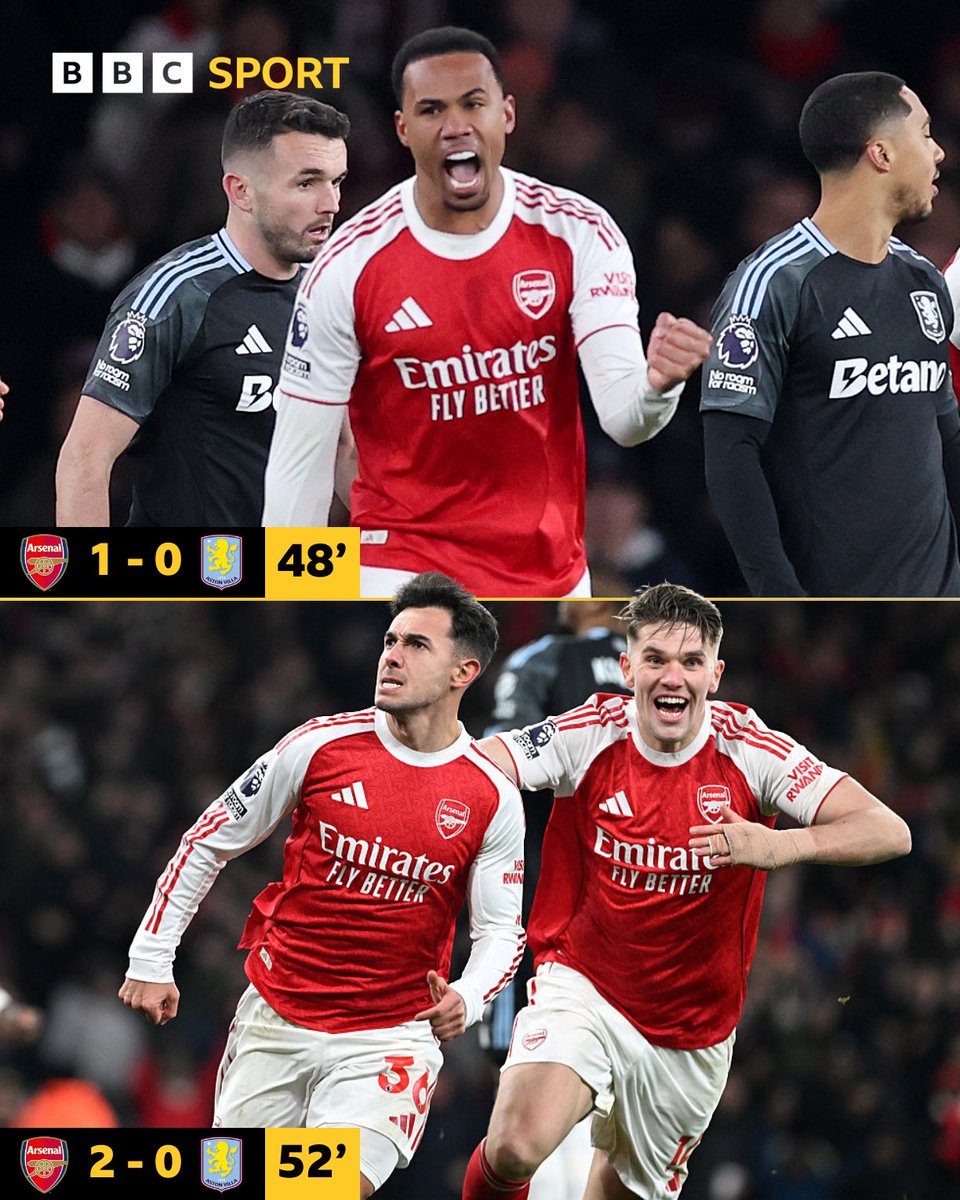 BBCMOTD's tweet image. Two-quickfire goals from Gabriel and Martin Zubimendi have put Arsenal in control over Villa early in the second half 📈