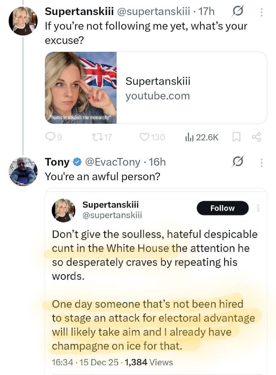 EvacTony's tweet image. Lol supertanskiii! You pussied out! She deleted the tweet I fired back at her btw, thats why she blocked me. It'd be a shame if one @realDonaldTrump @POTUS @JDVance @VP saw what this vile little creature was writing and deleting.....she sounds unhinged and potentially encouraging…