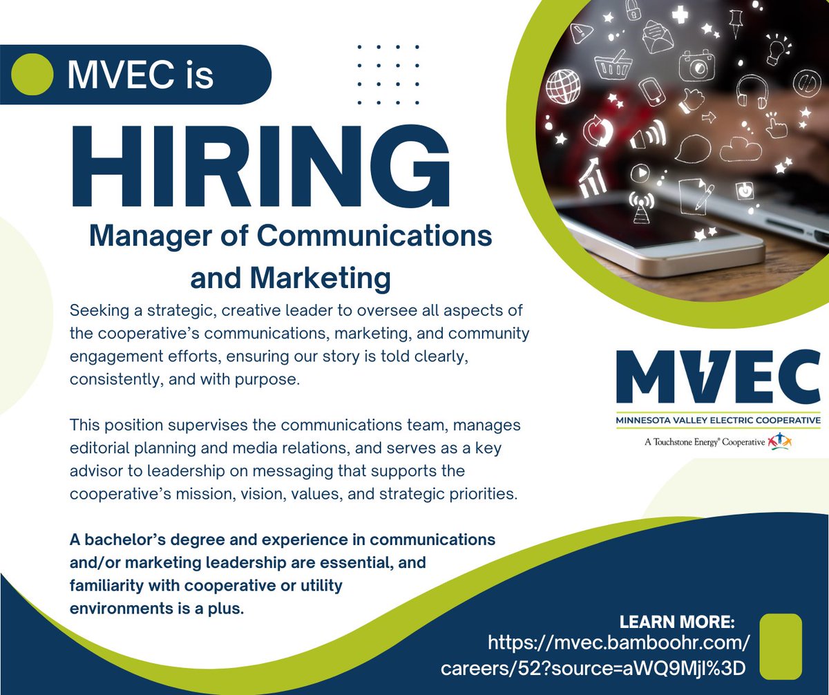 We are seeking a proven communications and marketing leader ready to shape strategy, guide a team, and elevate how Minnesota Valley Electric Cooperative connects with its members and communities. This role offers the opportunity to lead with purpose and make a measurable impact.