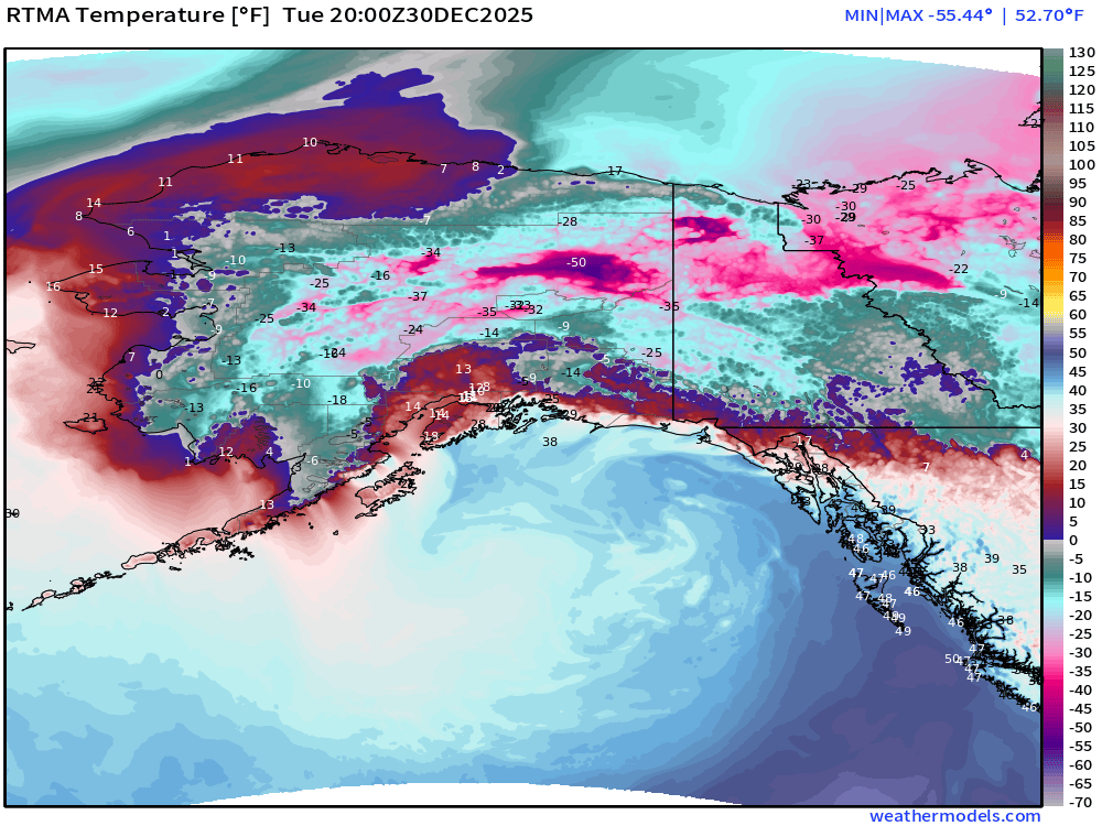 RyanWeather's tweet photo. In the "could be worse" category for cold weather,  
Fort Yukon, Alaska has been stuck around -50°F for more than 36-hours. https://t.co/cRWNWUD7Cz