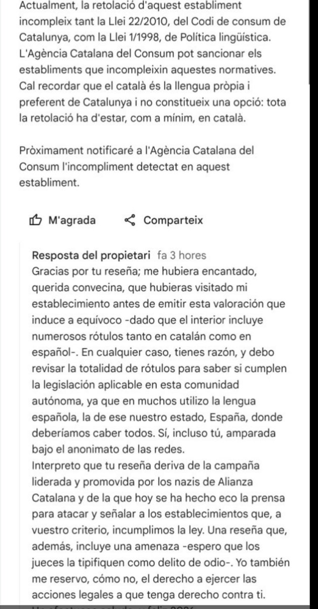 Hem escrit una ressenya a aquest local per incompliment de la normativa i us adjunto la resposta tan “maca” que ens han fet. 👇