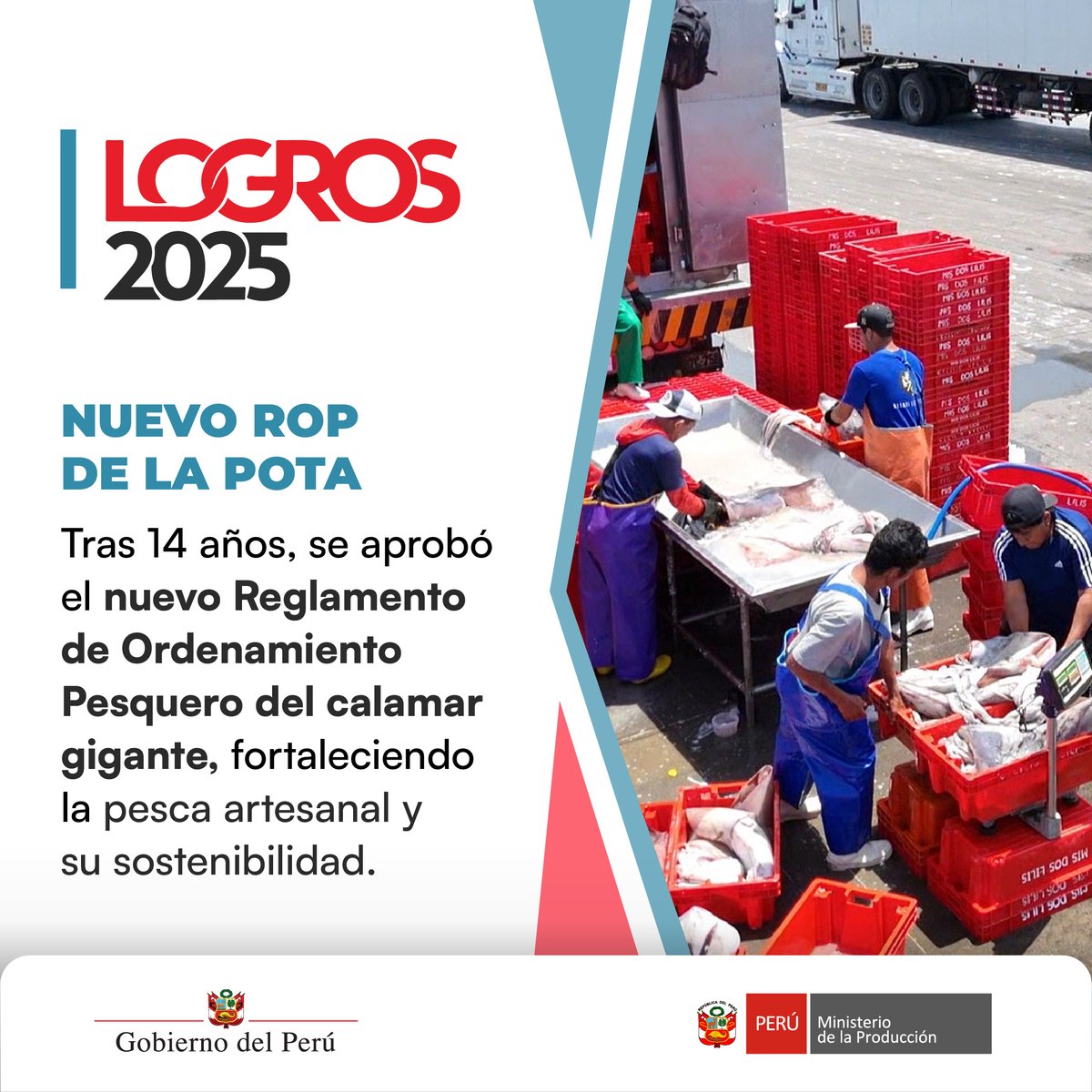 #ElPerúATodaMáquina | 🦑 Un paso clave para la pesca artesanal del país

Tras 14 años, se aprobó el nuevo Reglamento de Ordenamiento Pesquero (ROP) del Calamar Gigante o Pota, mediante el Decreto Supremo N.° 003-2025-PRODUCE, fortaleciendo la actividad artesanal y asegurando el