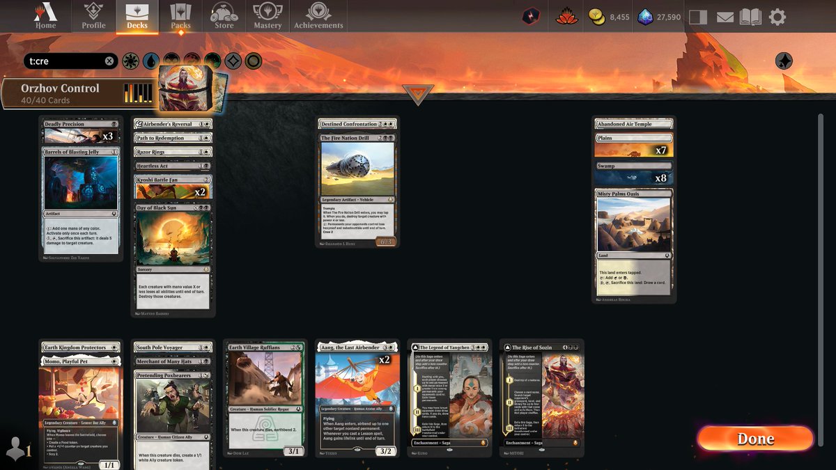 ThePastaPirate's tweet image. ☠️🏆Orzhov Control🏆☠️

1) 1x Air Temple/Black Sun/Drill/Sozin/Yangchen: completely busted bomb-rares

2) 2x Aang: efficient/powerful threat

3) 3x Precision: filled in the gaps of removal, played well with Ruffians

Pool: 17lands.com/pool/d8b102576…

Games: 17lands.com/details/d8b102…
