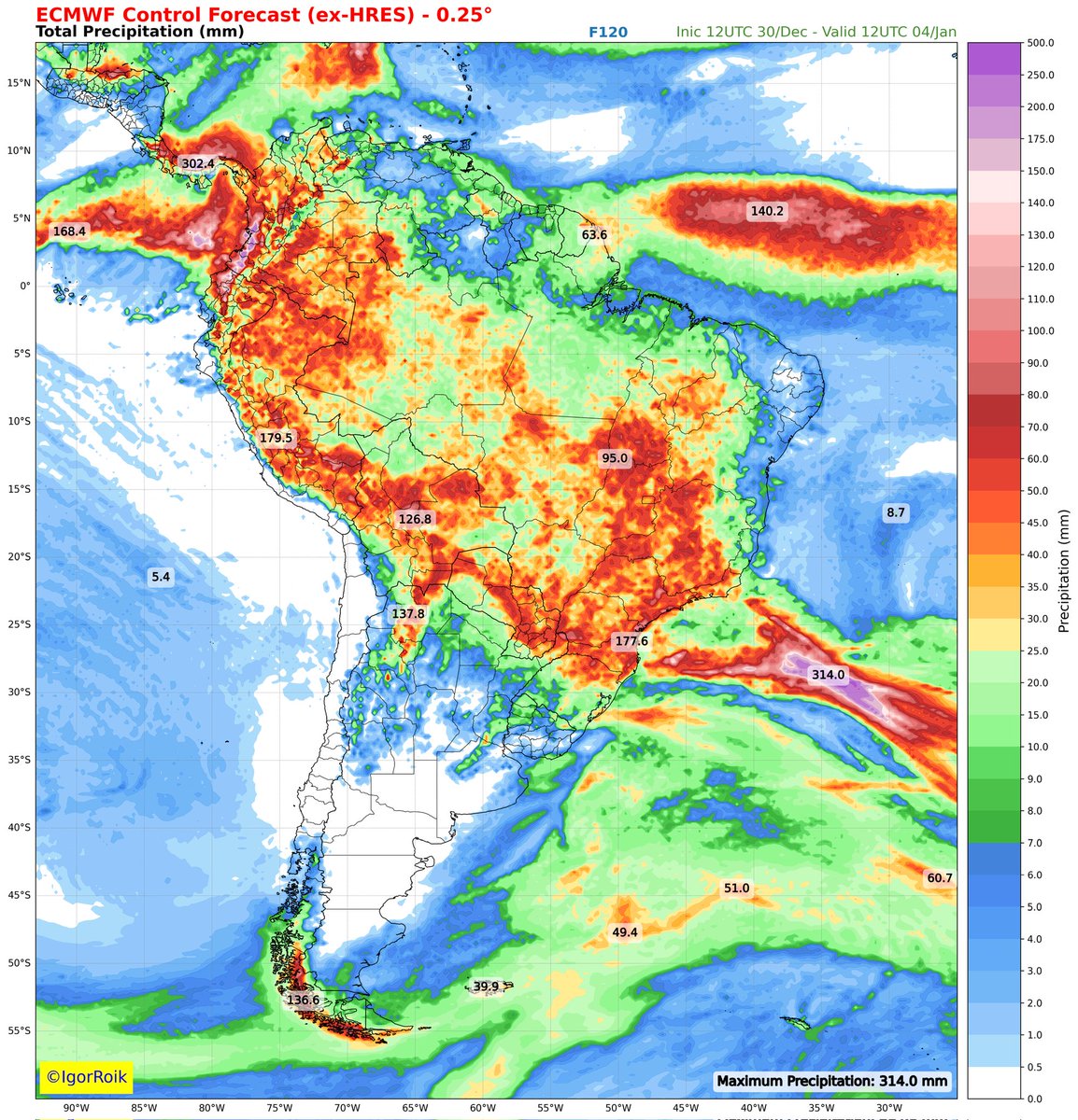 Volume de chuva previsto nas próximas 24, 48 e 120h conforme última atualização do modelo ECMWF.