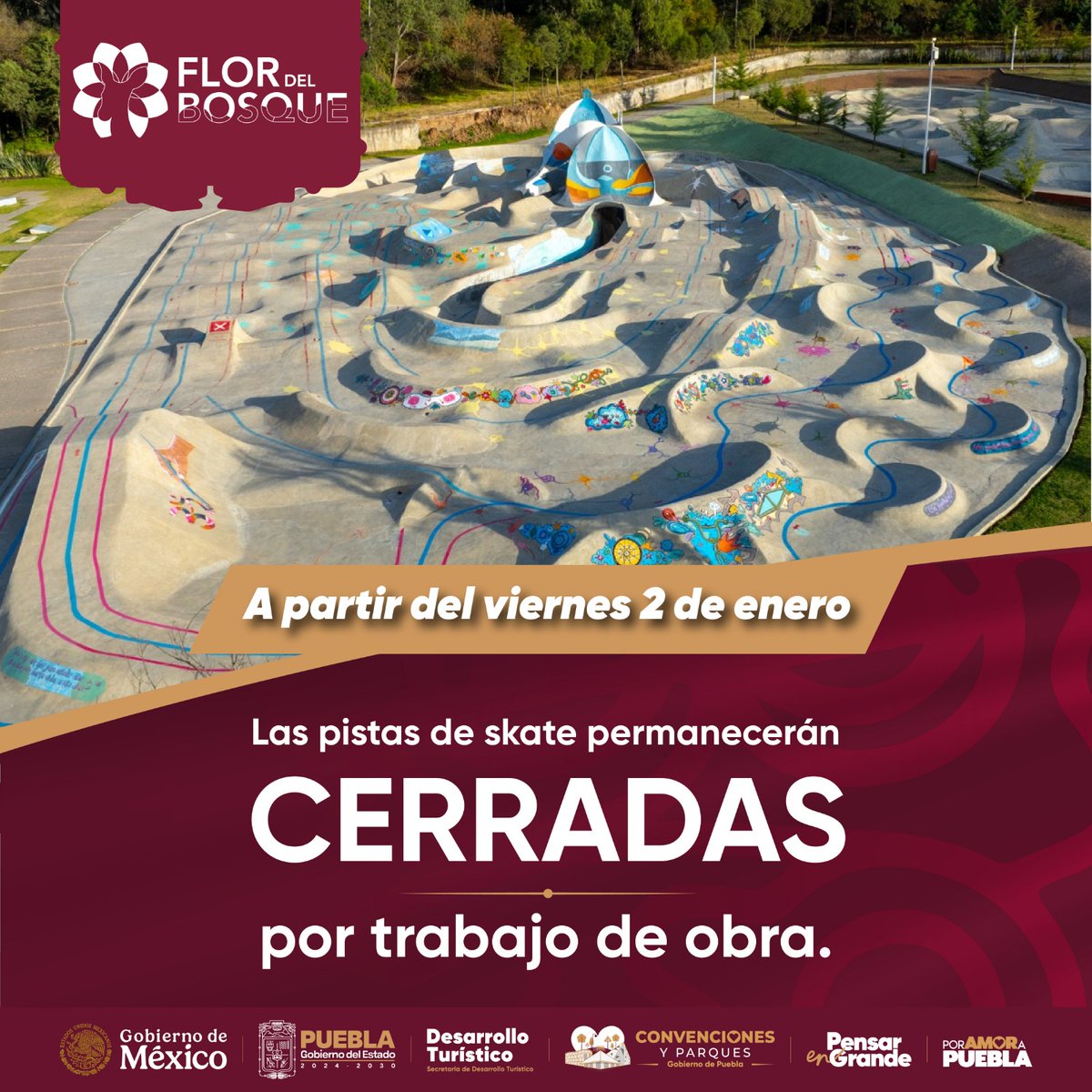 ⚠️📢 Aviso importante.
A partir del viernes 2 de enero de 2026, las pistas de skate en Flor del Bosque permanecerán cerradas debido a trabajos de obra. 🛠️🚧

Agradecemos tu comprensión y te pedimos tomar precauciones. Pronto volveremos con espacios renovados para tu disfrute. 🤍