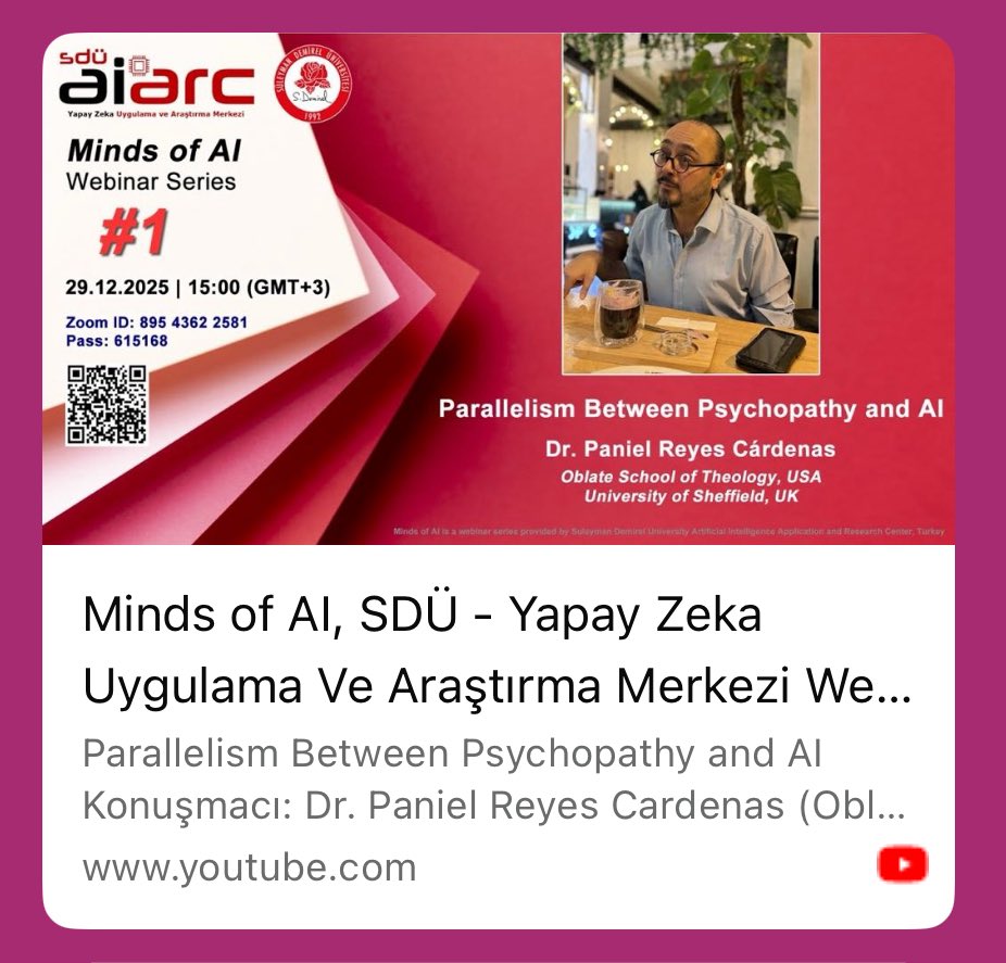 u_kose's tweet photo. [TR] 🎬 Minds of AI – YouTube’da Yayında!
Süleyman Demirel Üniversitesi Artificial Intelligence Application and Research Center (AIARC) tarafından düzenlenen Minds of AI webinar serimizin ilk konuşması artık YouTube’da!

🧠 Dr. Paniel Reyes Cárdenas ile
📌 Parallelism Between Psychopathy and AI
başlıklı zihin açıcı sunumumuzu kaçırdıysanız, şimdi tamamını izleyebilirsiniz! 👇

📺 YouTube Linki:
https://t.co/iSxN0jxZv7

Bu konuşma, yapay zekânın etik, psikoloji ve insan davranışıyla kesiştiği sınırları mercek altına alıyor — her disiplinden izleyici için zengin bir perspektif şekillendiriyor.

👉 Akademisyenler, öğrenciler, AI meraklıları ve eleştirel düşünce severler için güçlü bir kaynak!

🔁 Paylaşmayı unutmayın 😊

⸻

[ENG] 🎬 Minds of AI – Now on YouTube!
The first talk from the Minds of AI webinar series, organized by Süleyman Demirel University’s Artificial Intelligence Application and Research Center (AIARC), is now available on YouTube!

🧠 Featuring Dr. Paniel Reyes Cárdenas
📌 Parallelism Between Psychopathy and AI

📺 Watch the full session here:
https://t.co/iSxN0jxZv7

This talk explores deep and interdisciplinary questions at the intersection of AI, ethics, psychology, and human behavior — a must-watch for thinkers from all backgrounds.

👉 Ideal for academics, students, AI enthusiasts, and anyone curious about the future of technology and the mind.

🔁 Feel free to share! 😊

#MindsOfAI #AIARC #YapayZeka
#AIEthics #AIandSociety #AIWebinar
#YouTube #SDÜ #SuleymanDemirelUniversity
