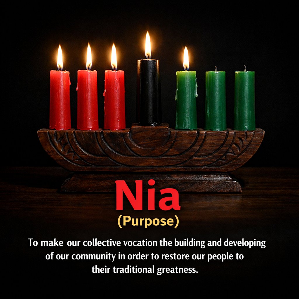 itsmeteddyb's tweet photo. Great afternoon! 
Today is the 5th day of Kwanzaa. We light the 5th candle for Nia (Purpose), calling us to make our collective vocation the building of our community in order to restore our people to their traditional greatness.
#Kwanzaa #Nia #PurposeDriven #CommunityBuilding https://t.co/inAdlfcaq9