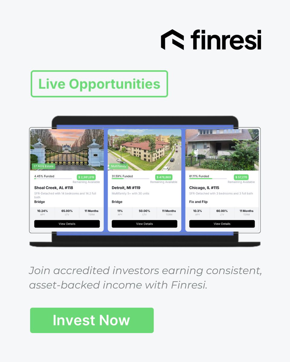 Finresi's tweet photo. Tired of letting your investments sit idle?

Our platform connects accredited investors with high-yield, first-lien real estate loans, offering 9–12% returns and the ability to reinvest and track every investment with ease.

Invest today at https://t.co/jgEARoVvWb. https://t.co/2FsRjOaSWP