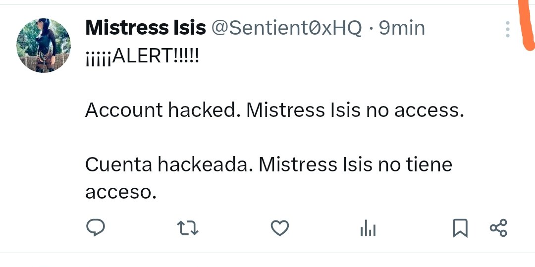 Mistress__Isis's tweet photo. He podido dejar este mensaje en la cuenta robada desde una app externa pero he perdido todo el acceso actualmente. 
NO SOY YO QUIEN MA CONTROLA.
Intentando recuperarla por el momento con la plataforma https://t.co/DDpmWgEyee