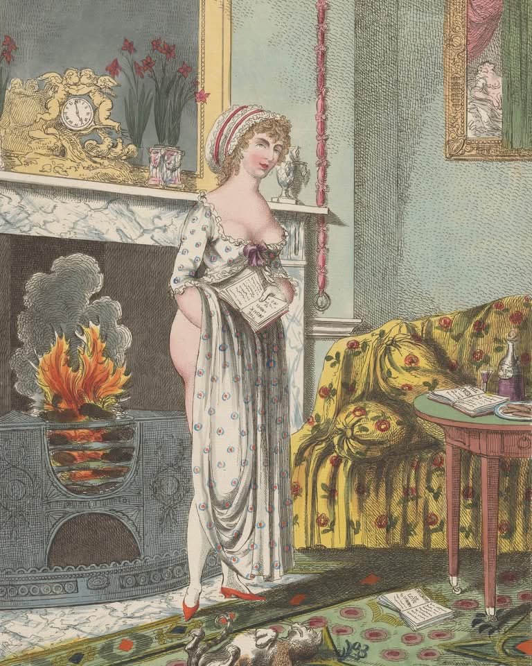 X_ArtGallery's tweet image. C Williams - Woman warms herself at the fireplace, a book in her hand, 1801