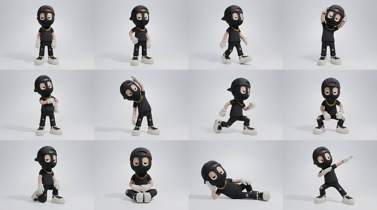 REFERENCE IMAGE (use in this order):

Character identity + outfit + proportions reference: [character reference image]

GOAL
Generate ONE high-quality character pose sheet image showing the same exact character repeated in 12 different “art model” poses used for figure drawing