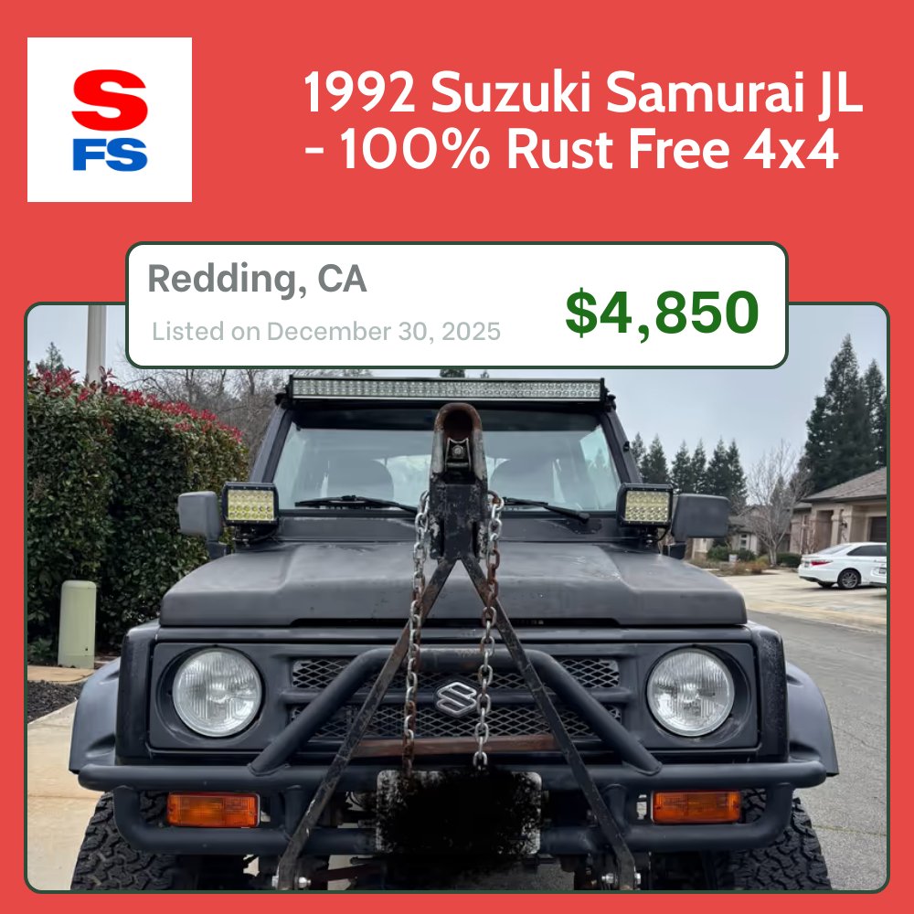 samuraiforsale's tweet image. 1992 Suzuki Samurai JL - 100% Rust Free 4x4 in Redding, CA
marketplace.samuraiforsale.com/listing/1992-s…

#suzukisamurai #samuraiforsale #zuki