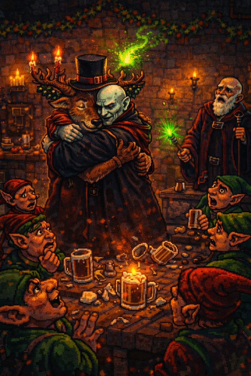 The music slowed. 🎻
Laughter thinned into murmurs.

The reindeer shifted.

At first, no one noticed—just a subtle step back from the table, a tremor beneath the ribbons and hat. 🦌🎩
Then the Green Flame flickered. 🟩

Saint Richard stopped mid-story.

The reindeer raised its