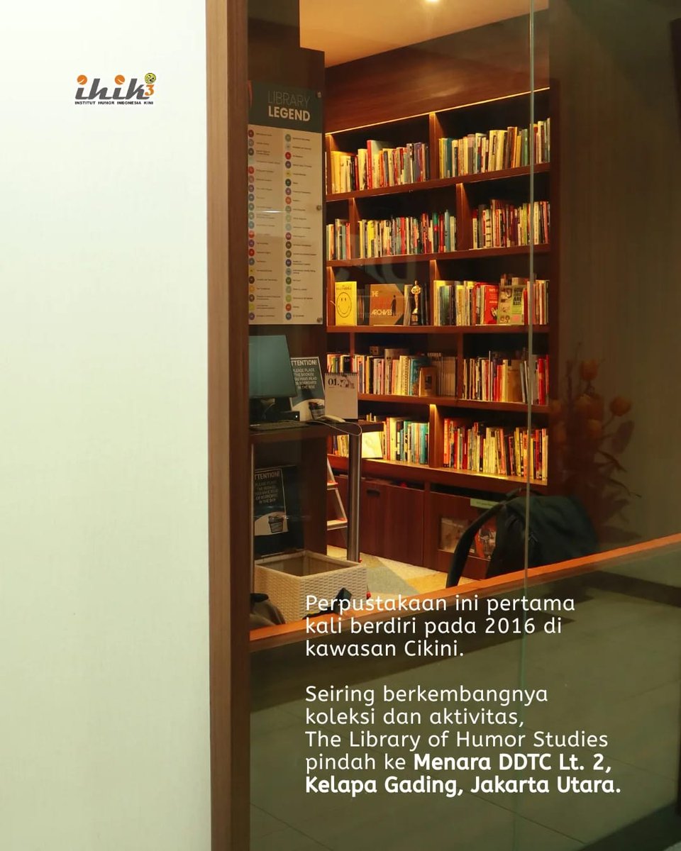 ihik_3's tweet photo. ihik3 & #TheLibraryofHumorStudies genap berusia 10 tahun di 2026.
Silakan bertamu buat baca buku, ngobrol-ngobrol atau sekadar foto-foto!
Ada yang berencana bertamu ke The Library of Humor Studies tahun depan?
Kami tunggu di Lantai 2, Menara DDTC, Kelapa Gading, Jakarta Utara! https://t.co/JUQjXqy1eA