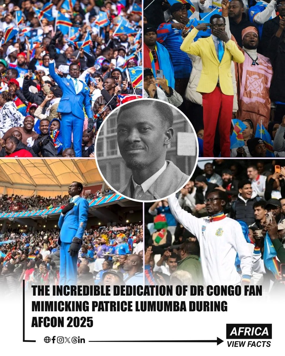 AfricaViewFacts's tweet image. Michel Kuka Mboladinga, a fan from Democratic Republic of Congo 🇨🇩, stands completely still for the full 90 minutes of matches.

He raises one arm to copy the famous statue of independence hero Patrice Lumumba.

The gesture is a tribute to Patrice Lumumba, the country’s first…