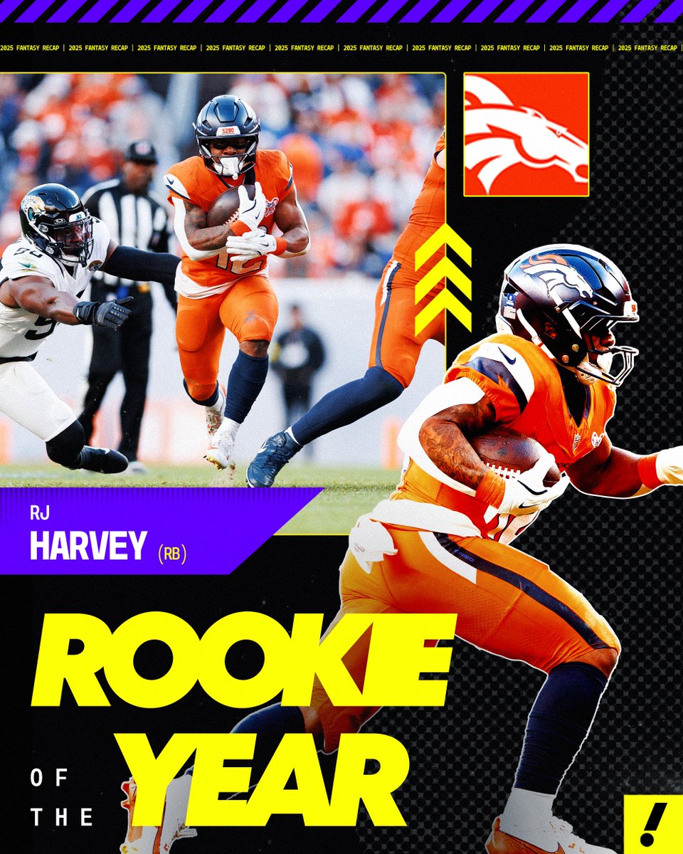 RJ Harvey is Yahoo Fantasy's 2025 Rookie of the Year 🏆

Since taking over as the Broncos' starting RB:
· Fantasy RB11 (1st among rookie RB)
· 6 TD (1st among rookie RB)
· 15.3 fantasy PPG (1st among rookie RB)
· 10+ fantasy points in 5 out of 6 games