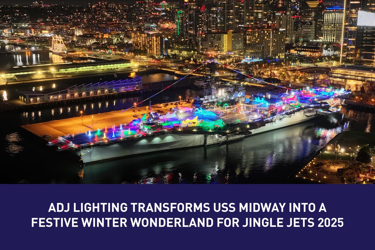 Flashback Lighting / Innovative Presentations lit up San Diego’s iconic USS Midway Aircraft Carrier Museum  Jingle Jets 2025. Using 140+ ADJ &amp; Elation Pro fixtures, the ship was transformed with bold color washes and dynamic GOBO projections. #adjlighting
tinyurl.com/n7vx4bc8