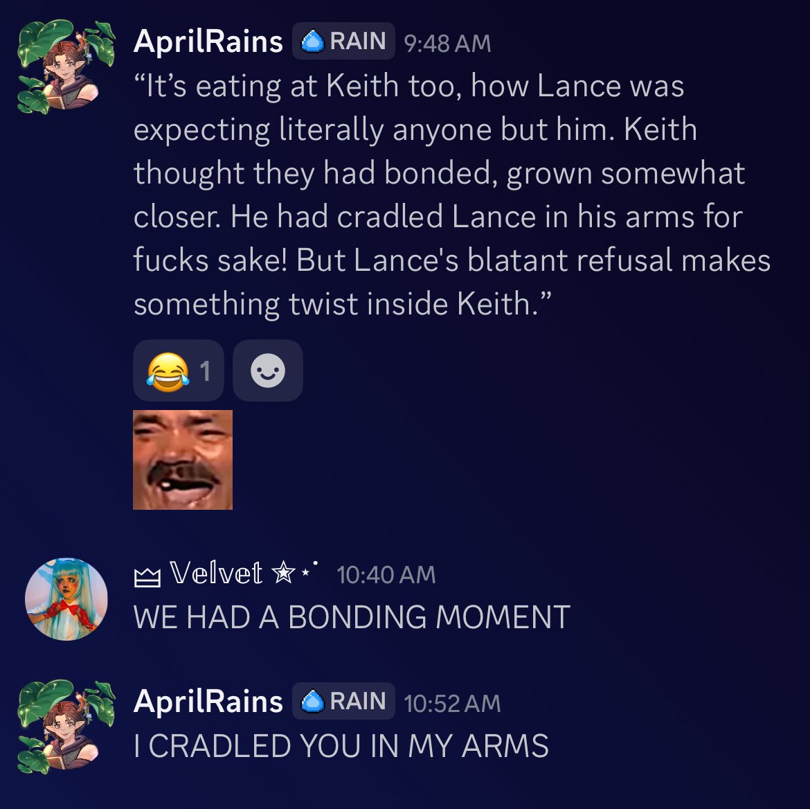 I love my friends <a href="/VelvetQueenC0s/">🜲 𝕍𝕖𝕝𝕧𝕖𝕥 ✮⋆˙</a> 😂 The #klance rot is real within the two of us. Even fanfiction.