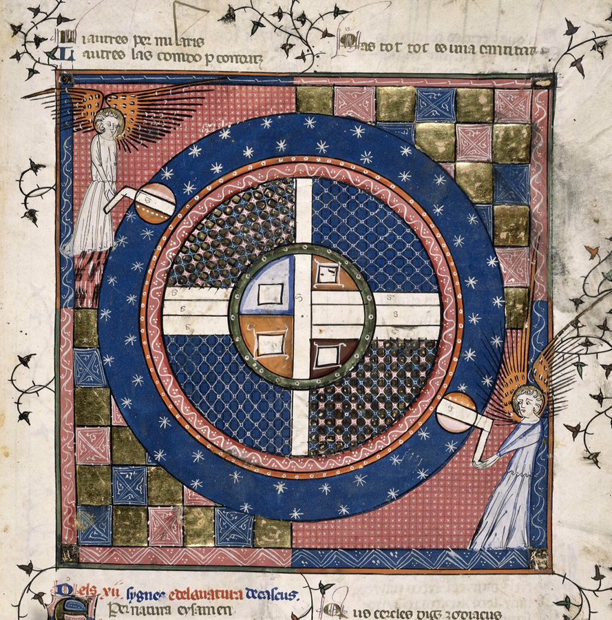 red_loeb's tweet image. Angels turning the axis of the world  

BL Harley MS 4940; Matfre Ermengaud's Breviari d'amor; France (Toulouse?); 14th century; f.28r @BLMedieval