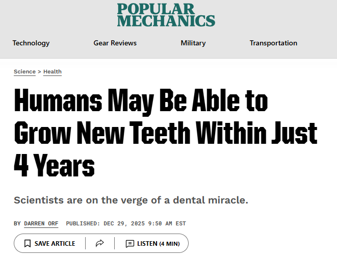 So freaking huge: Humans May Be Able to Grow New Teeth Within Just 4 Years

Japanese scientists are advancing human clinical trials of a novel drug that may allow people to regrow lost teeth by targeting a gene (USAG-1) that normally stops further tooth development.

The Phase 1
