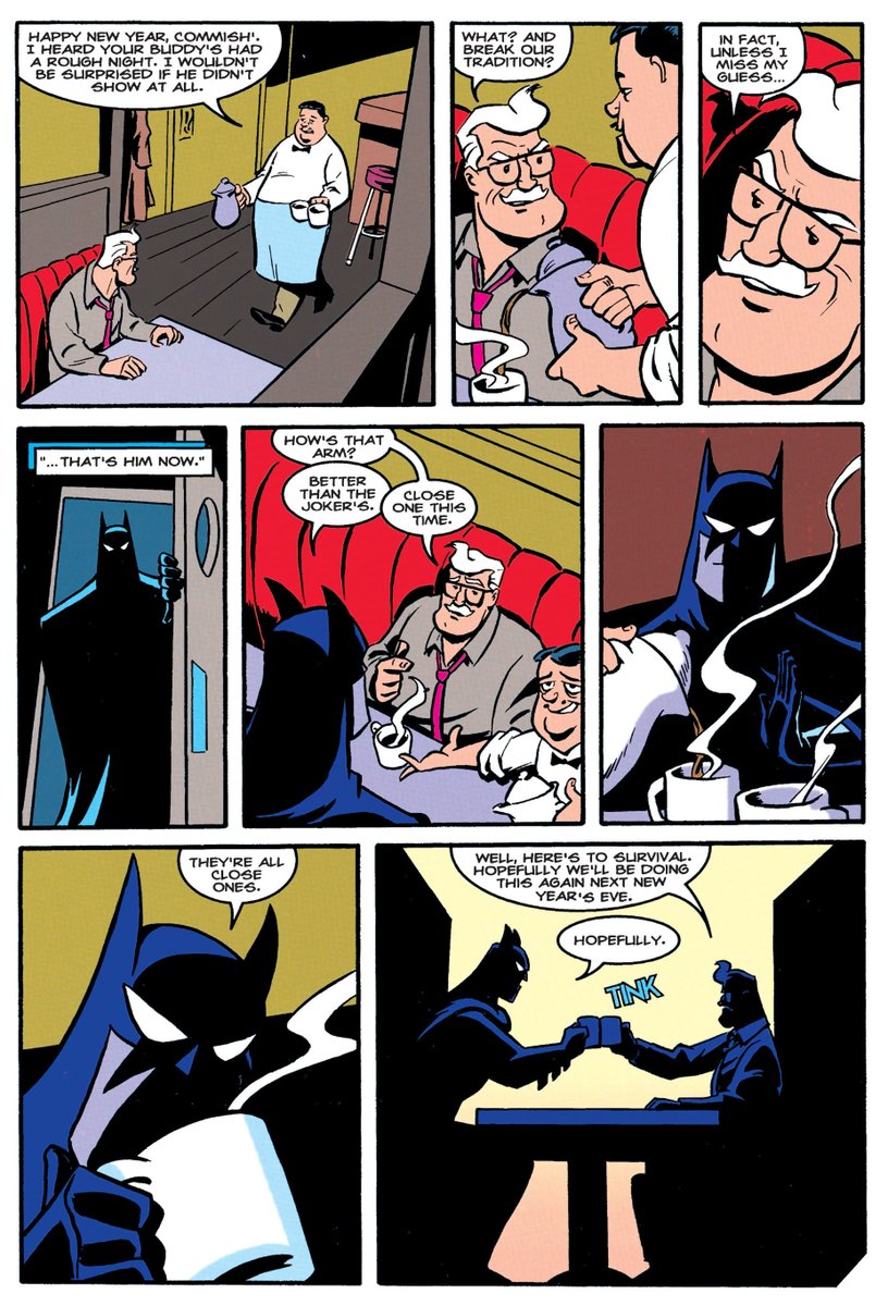 worldsfinest's tweet image. Happy New Year!

The Batman Adventures - Holiday Special #1 (1994)
"Should Old Acquaintance Be Forgot"
Written by Paul Dini
Art by Dan Riba
Colored by Bruce Timm
Lettered by Richard Starkings/Comicraft
#BatmanTAS #Batman #HappyNewYear