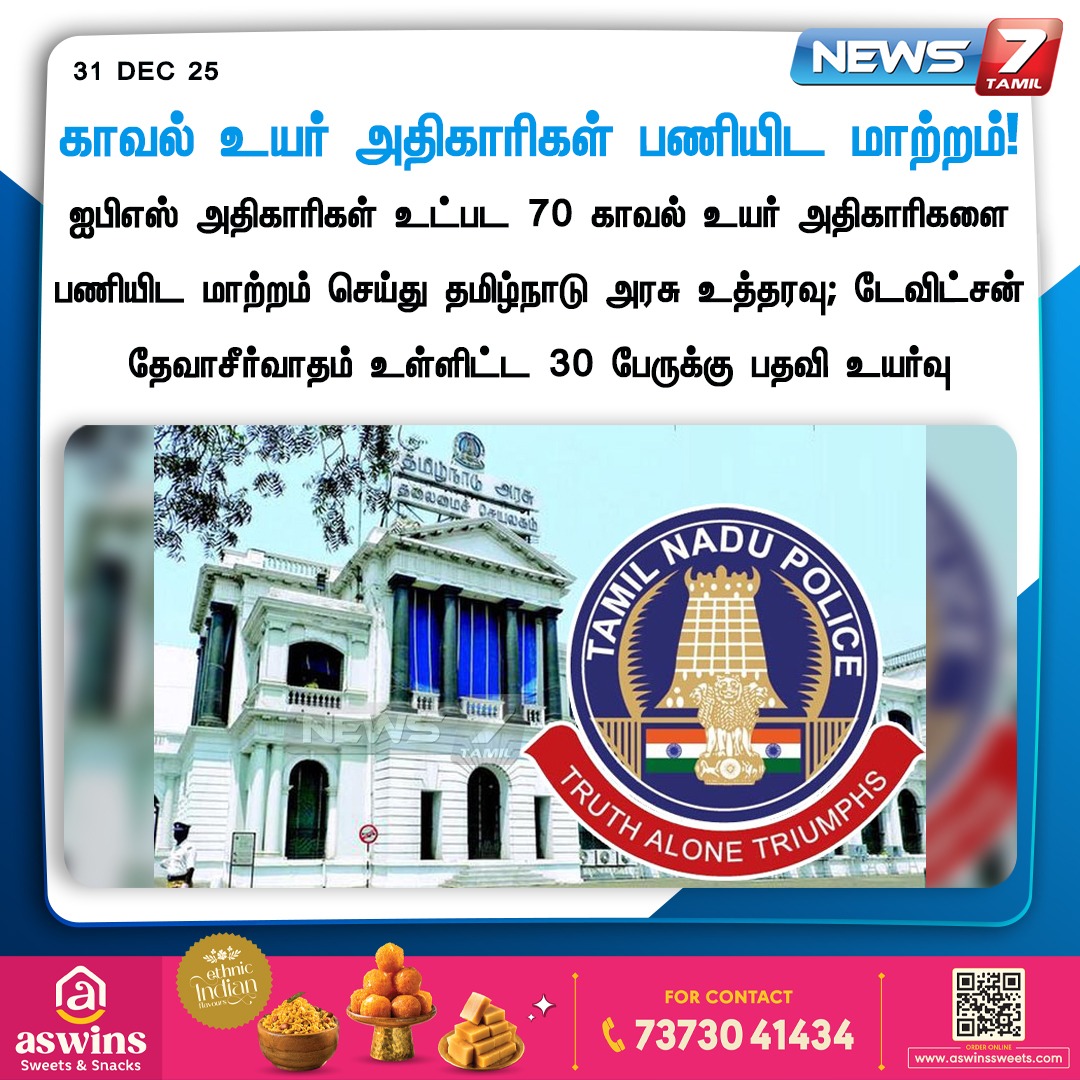 news7tamil's tweet photo. காவல் உயர் அதிகாரிகள் பணியிட மாற்றம்!
#TNGovt | #TNPolice | #IPS | #IPSPromotion | #IPSTransfer | #NewsUpdates https://t.co/bKD8uuItsD