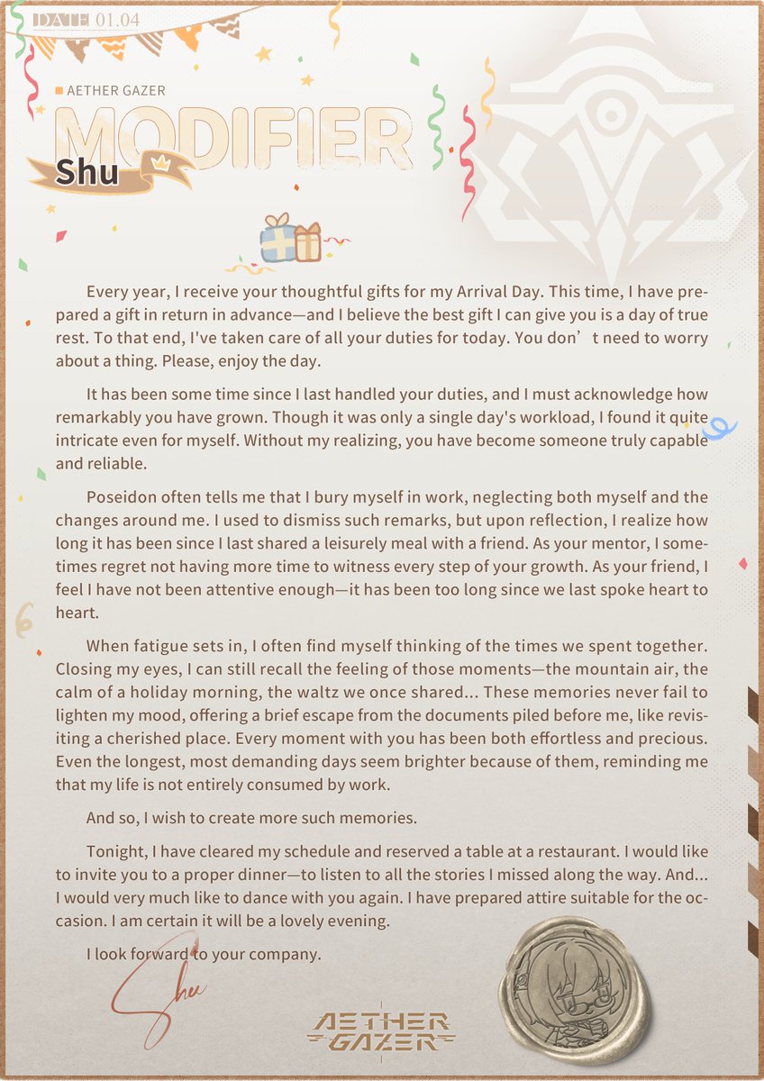 🎂Happy Arrival Day, Shu! 🎂

"Every year, I receive your thoughtful gifts for my Arrival Day."

Don’t forget to check your in-game mail to see what Shu wants to say to you!

#AetherGazer