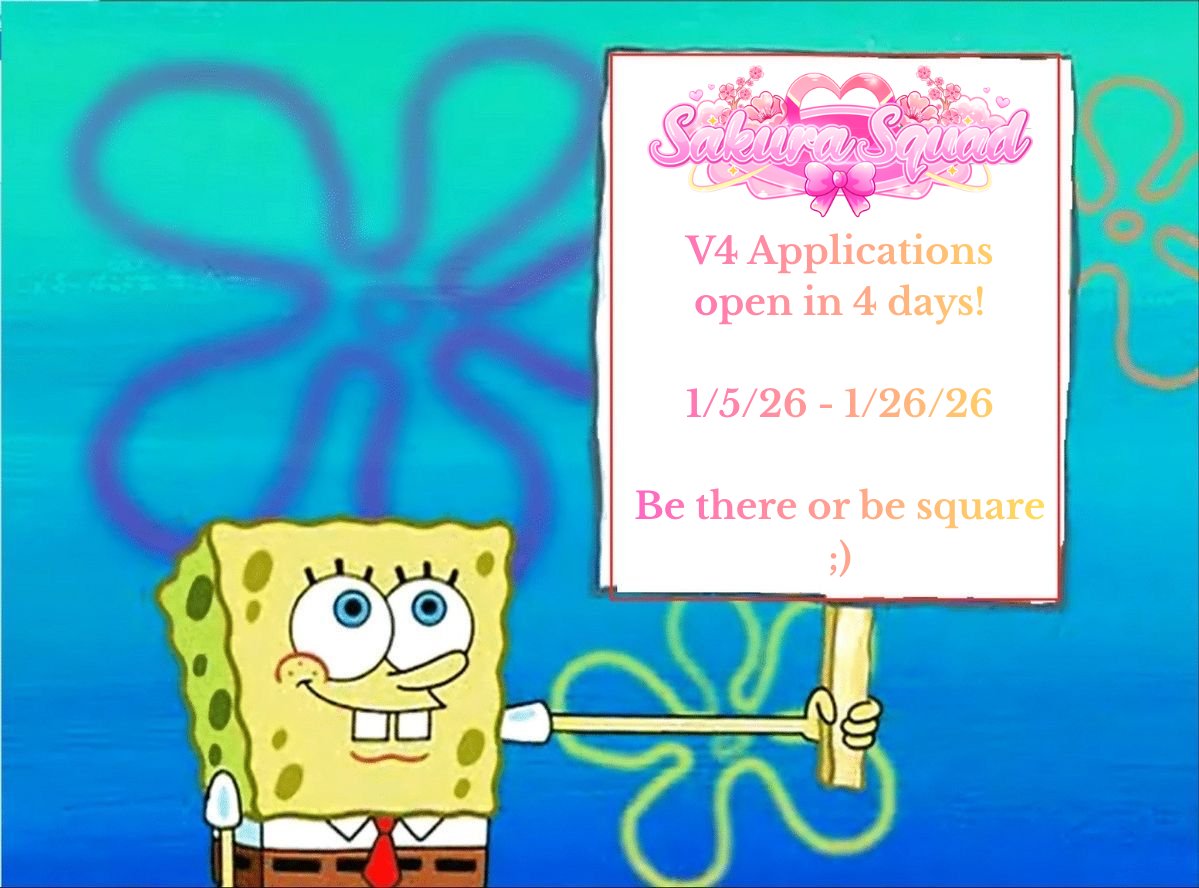 ONLY 4 MORE DAYS UNTIL V4 APPLICATIONS OPEN?! 😲💖

In 96 hours (we know it sounds like it's far away but it'll be here before you know it!) YOU will be able to apply for our V4 applications! 🥰

Join our group for a fun (non square!) environment! 💗