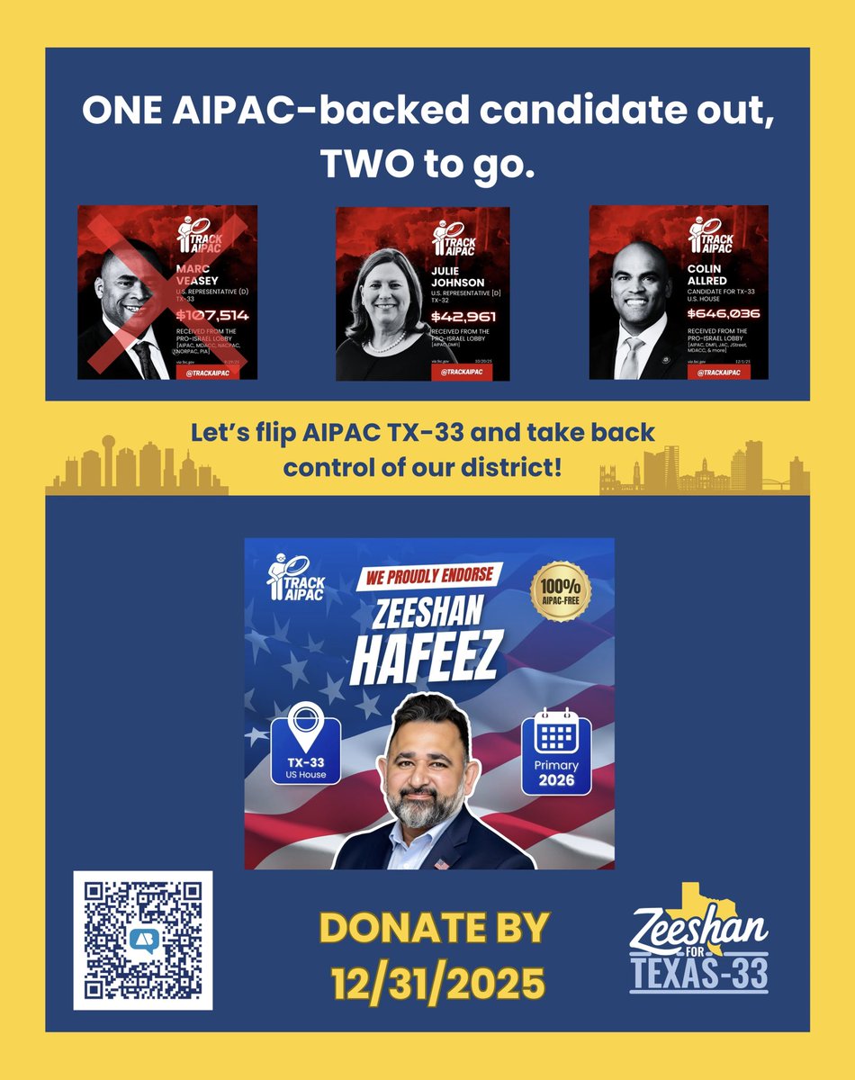 A rare window is open in Texas-33 and this moment is real.

One AIPAC-backed Congressperson has already been knocked out. Two remain.

This is not symbolic. This is strategic. This race is winnable.

Zeeshan Hafeez is 100% AIPAC-free and running to put people over politics and