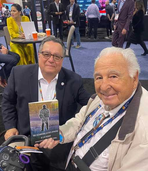 With former U.S. Sen. Ben Nighthorse Campbell with a copy of my book, "Visions for a Better Indian Country: One Potawatomi Editor's Opinions." He wrote the introduction for it. On sale on June 1, 2022.