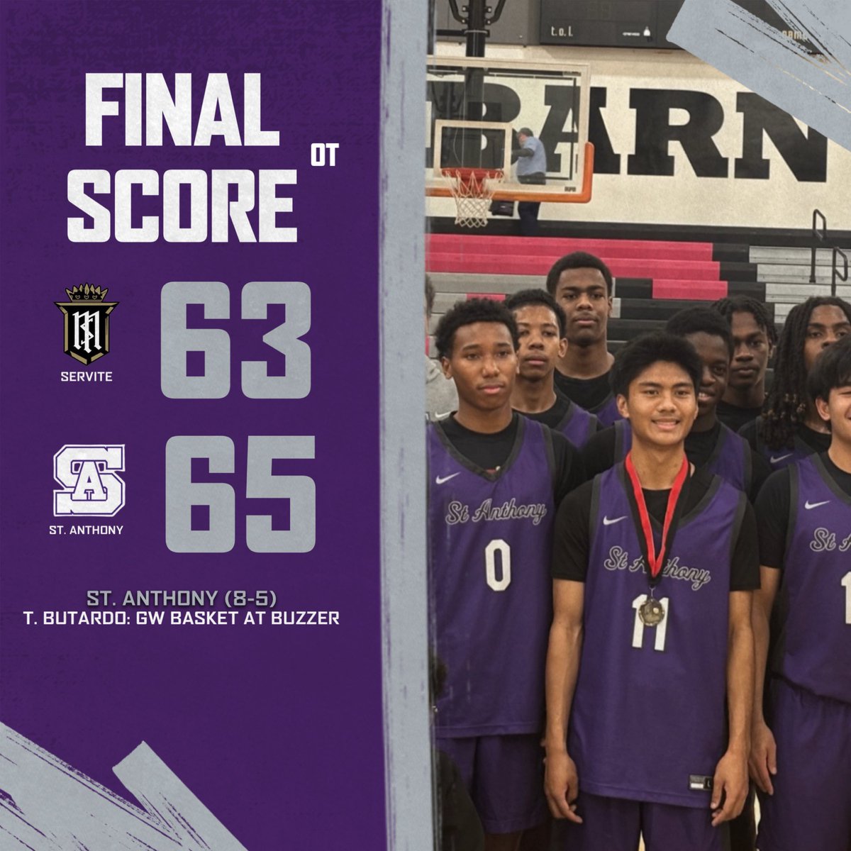 SAHS20Athletics's tweet photo. Final: St. Anthony Basketball (8-5) win the Tustin Holiday Classic tournament with a 65-63 victory over Servite in overtime. 

Trystan Butardo wins it for the Saints on a 14 foot jump shot on the left side at the buzzer. 

Next: Fri at St. Monica, 7pm

#GoSaints https://t.co/tau0GxoWIr