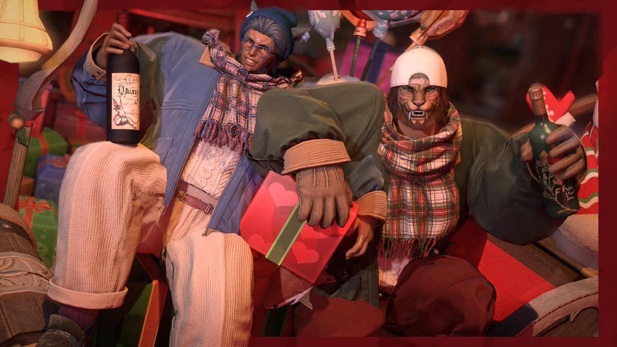Better late than never! Here's some special Christmas gposes taken by 📸: <a href="/trophyboyffxiv/">Dani🏆</a> 

First picture: We have <a href="/trophyboyffxiv/">Dani🏆</a> and Terra having some delicious treats!

Second picture: <a href="/TravelingHroth/">Traveling Hrothgar</a> and <a href="/JaredicBlue/">Blue J-Cat Dad</a>  having some drinks!

Third and fourth in the comments!!!