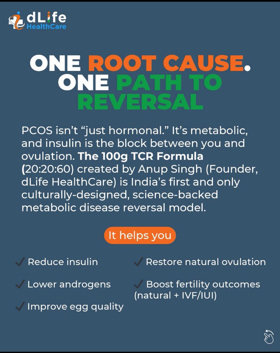 murali_twin's tweet photo. WHO can reverse PCOS?

Irregular periods
Acne
Weight gain
Infertility
Failed IVF

👉 The answer may surprise you.

PCOS reversal is possible at EVERY stage —
Not just early diagnosis.
Not just “mild cases”.

Even if you’ve struggled for years.

Stage 1: Newly diagnosed PCOS
Periods are irregular.
Fertility questions start early.

🎯 Goal: Protect ovarian health before damage accumulates.

Stage 2: Chronic PCOS
Years of symptoms.
Irregular cycles.
Miscarriage risk.

🎯 Goal: Restore insulin balance & hormonal rhythm

Stage 3: Fertility / IVF stage
Trying to conceive?
Multiple failed IUI / IVF cycles?

🎯 Goal: Restart natural ovulation.

Here’s the truth most women aren’t told 👇

PCOS isn’t “just hormonal.”
It’s metabolic.

👉 Insulin is the real block between you & ovulation.

Fix insulin → hormones follow.
Ovulation restarts.
Egg quality improves.
Fertility outcomes improve — naturally

That’s why dLife HealthCare uses the 100g TCR Formula (20:20:60)
A science-backed, culturally designed metabolic reversal model.

Built for real Indian lifestyles.

This approach helps you:
✔ Reduce insulin
✔ Lower androgens
✔ Improve egg quality
✔ Restore ovulation
✔ Boost fertility (natural + IVF/IUI)

And yes — we stand by it.

PCOS Reversed
OR
Money Refunded

No calorie counting.
No gym.
No juice & salad diet.

Serious about PCOS reversal?
We schedule discovery calls only for women ready to commit.
https://t.co/WKqkj04xd9

Connect to Reverse with dLife
Call / WhatsApp: +91 9226137723 | +91 9834350297 | +91 9866478435
@DiyaSolanki2603 @Pranotijadhav32 

dLife HealthCare --  India’s only clinical low-carb nutrition ecosystem for reversing metabolic diseases!
✅ 15 years of expertise 
✅ 100+ certified mentors 
✅ 65 doctors 
✅ 1500+ metabolic reversals

dLife HealthCare HQ
1501, Morya Grand, 
Lokhandwala, Andheri West 
Mumbai.