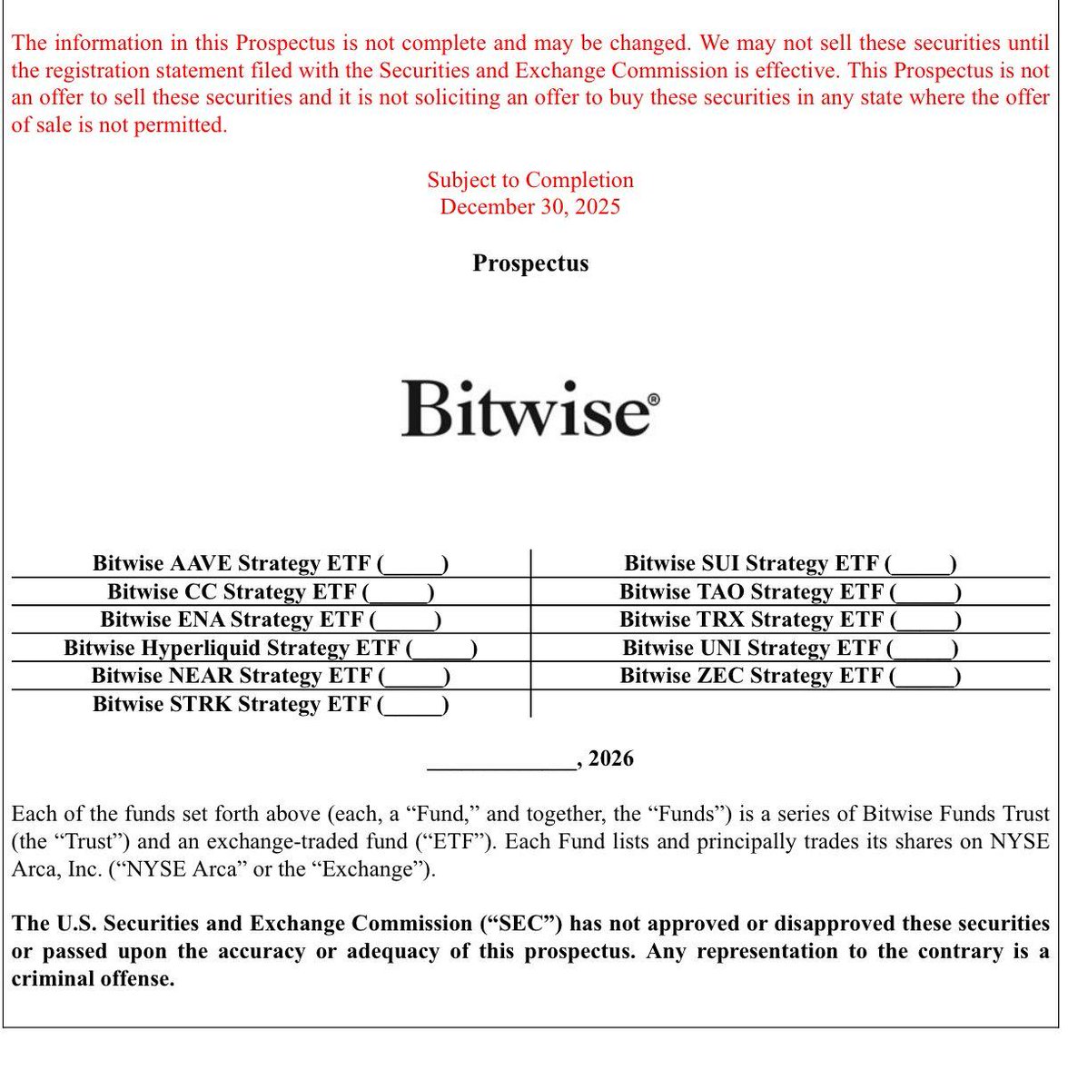 🚨 TODAY: BITWISE FILES FOR 11 CRYPTOCURRENCY ETFS INCLUDING $AAVE, $CC,  $ENA, $HYPE, $NEAR, $STRK, $SUI, $TAO, $TRX, $UNI, AND $ZEC! #CryptoNews  #ETFs #Bitcoin #Cryptocurrency #AAVE #TRX #UNI #ZEC
