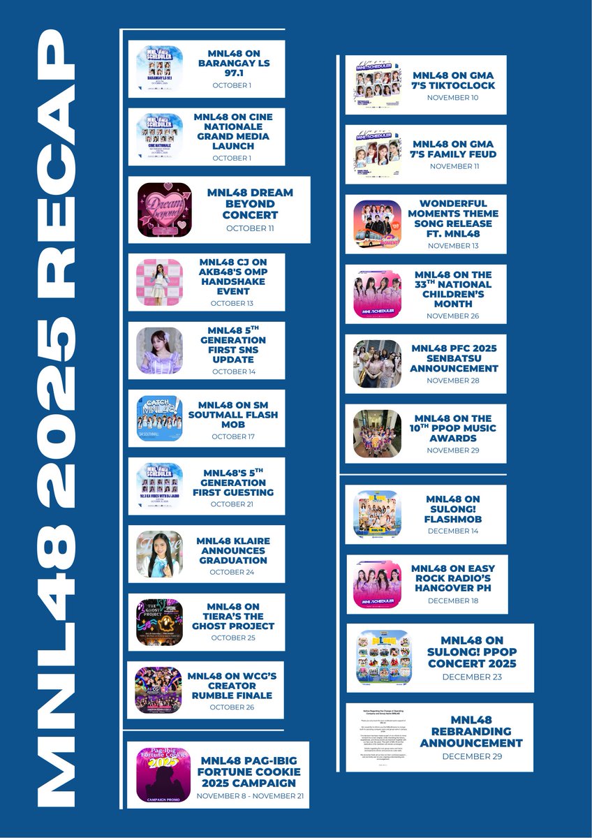 mnl48trends's tweet image. 🗓️ MNL48 2025 RECAP

🕛 Only 12 hours left before 2025 ends!
Here’s a recap that shaped MNL48 this year. In 2026, let’s continue wishing for a brighter year for the girls. 

❗️ Note: Listed below are the highlights of MNL48 in 2025.

#MNL48  @mnl48official
