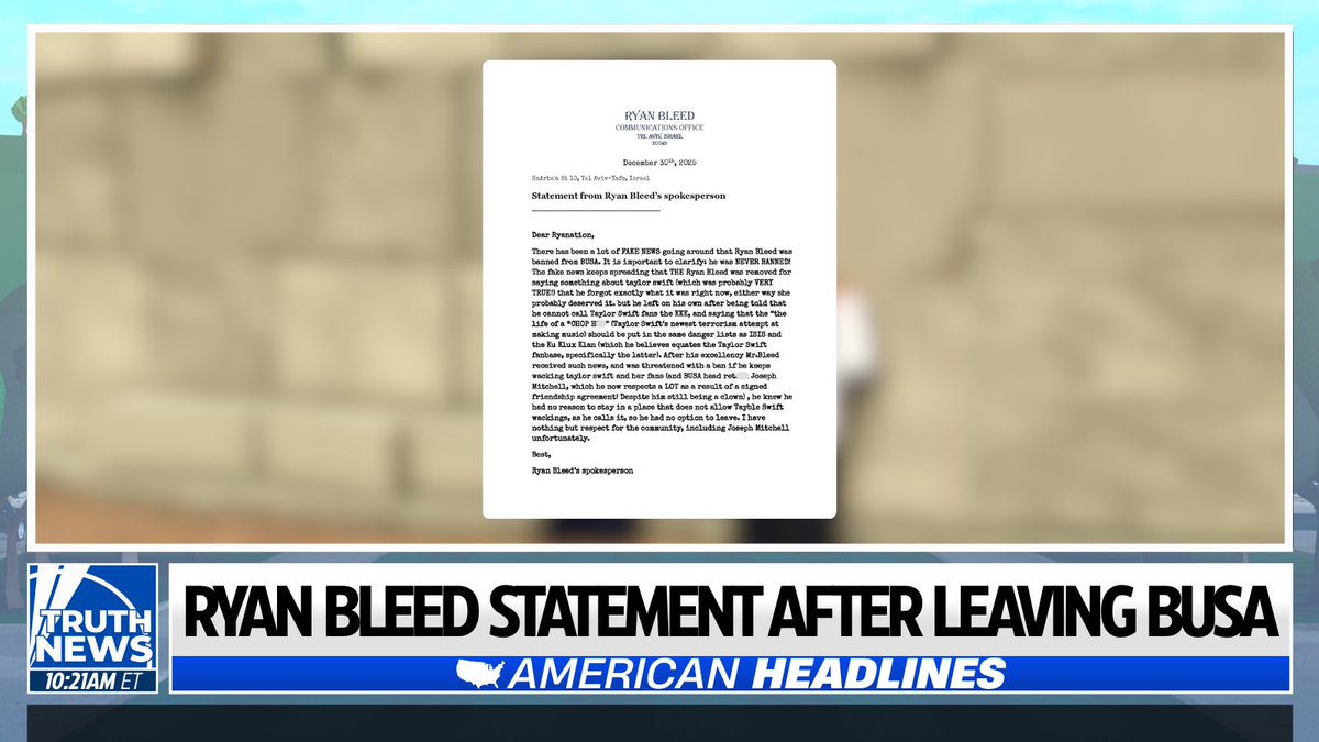 🇺🇸 AMERICAN HEADLINES: Ryan Bleed makes his first statement since his departure from BUSA, clarifying that he was in fact not banned and voluntarily left the server.